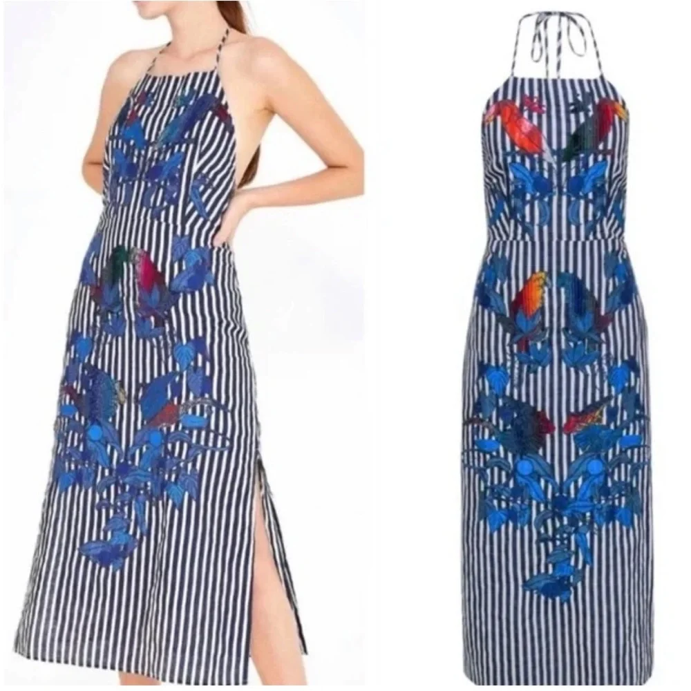 FARM Rio Navy & White Striped Halter Midi Dress with Blue Floral Embroidery - Picture 3 of 8